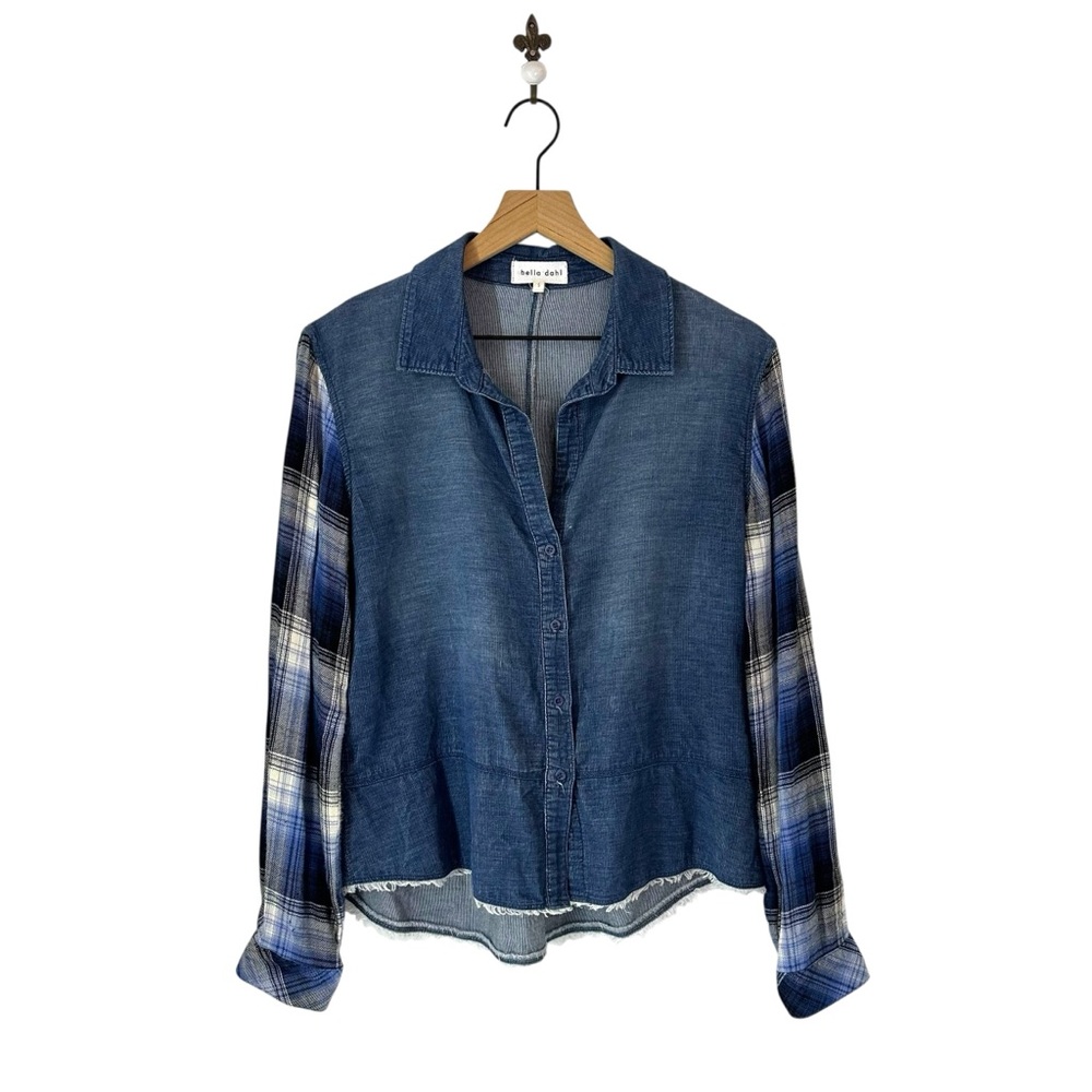 Bella Dahl Denim & Plaid Patchwork Button Down Shirt Small Blue Raw Edge Hem